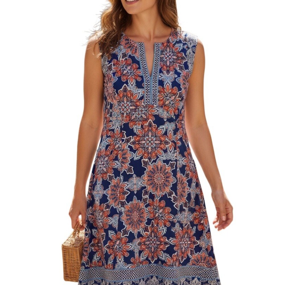 Adorne Cornelia Dress Womens Size 10 Navy Orange Floral Paisley Fit & Flair